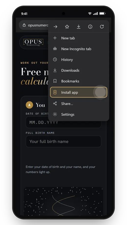 Android · Chrome: In the ⋮ menu at the top right, tap “Install app”.