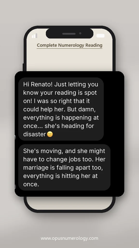 Client review of an Opus numerology reading (message screenshot) – 18 / 38
